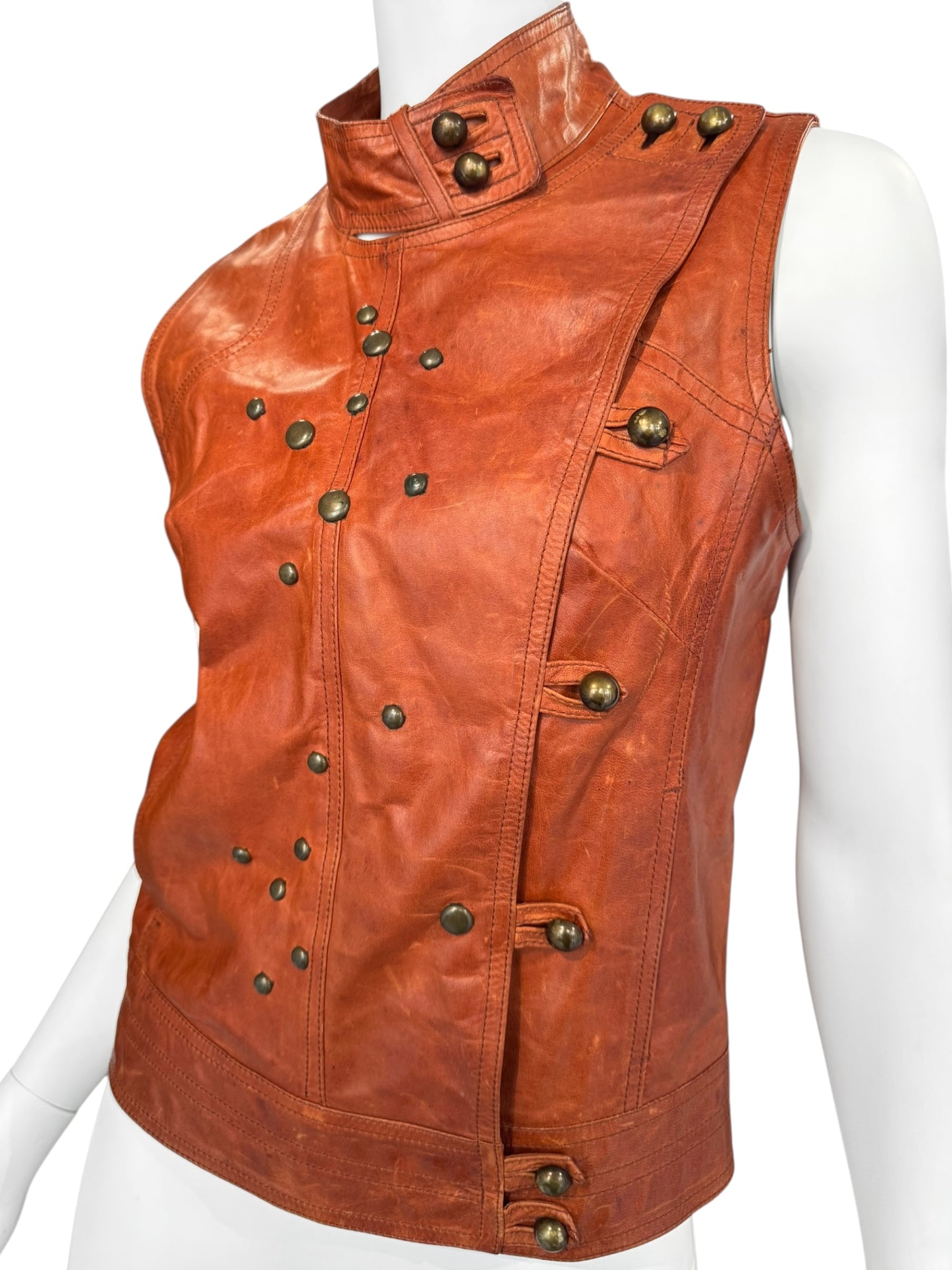 PLEIN SUD 2000s BURNT ORANGE STUDDED ASYMMETRICAL VEST