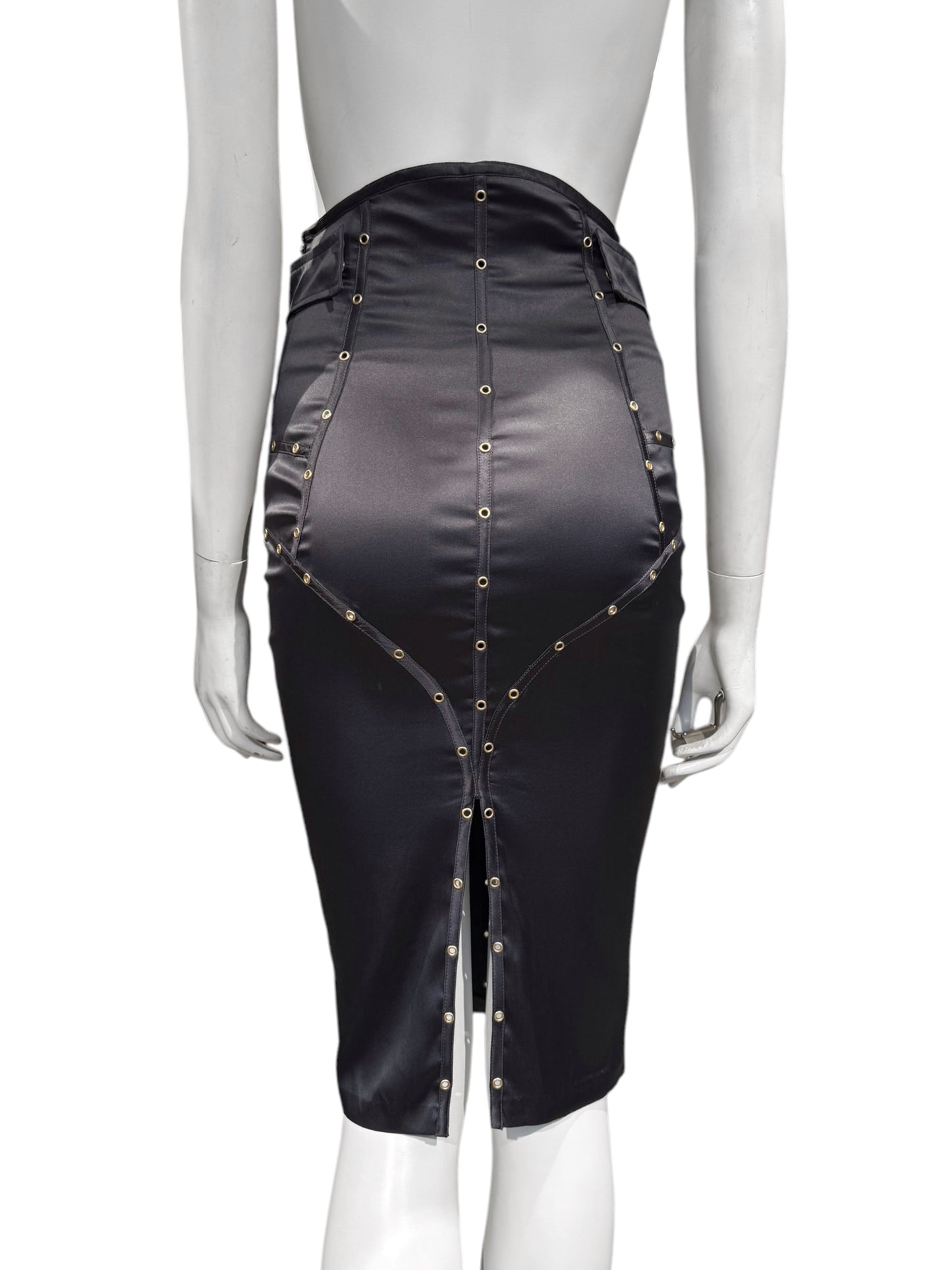 GUCCI FW2003 BY TOM FORD GREY SILK BLEND EYELET PENCIL SKIRT