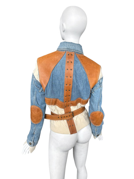 ALEXANDER MCQUEEN SS2004 ‘DELIVERANCE’ BLUE DENIM, BROWN LEATHER & CREAM KNIT PATCHWORK JACKET