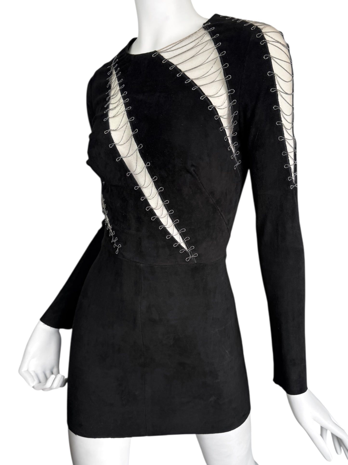 JITROIS 2000s BLACK SUEDE LEATHER TULLE CUT OUT MINI DRESS