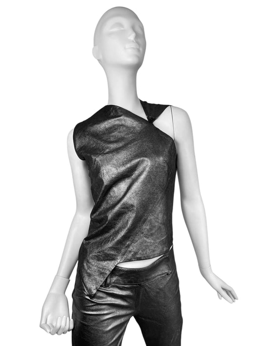 PLEIN SUD 1990s METALLIC GREY LEATHER ASYMMETRICAL TANK TOP