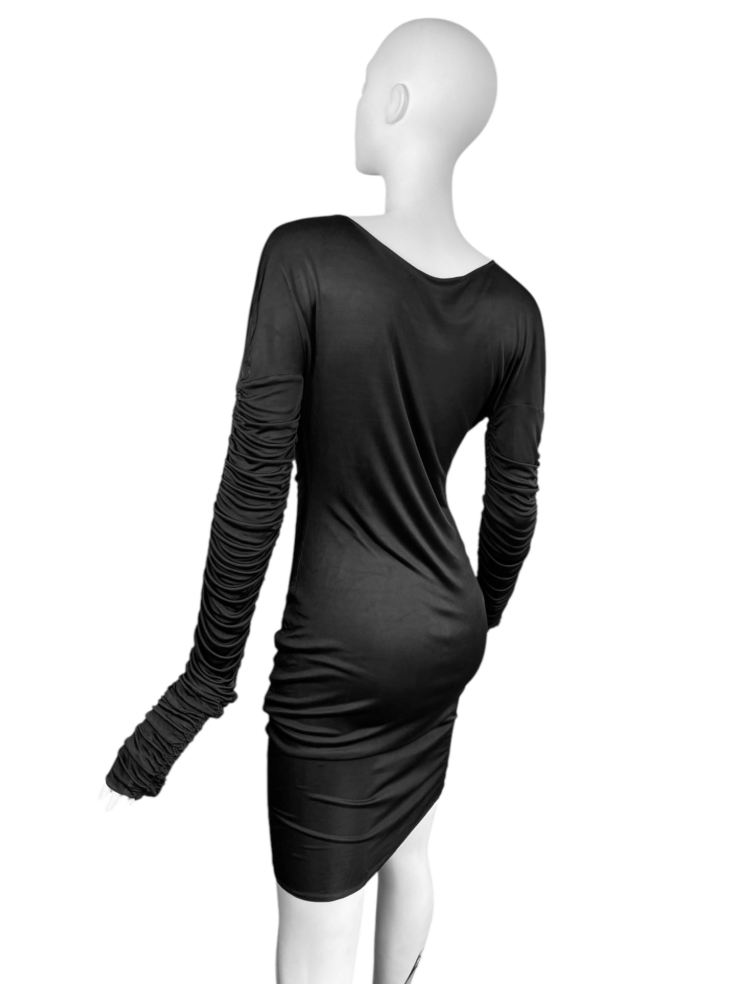 ALEXANDER MCQUEEN SS1996 «THE HUNGER» BLACK RUCHED SLEEVES DRAPED DRESS