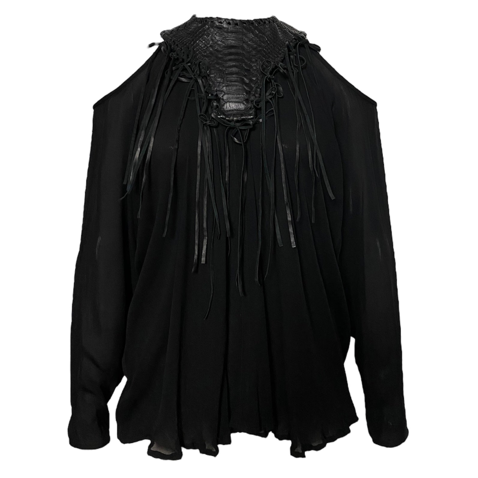 PLEIN SUD SS2015 BLACK SILK & PYTHON LEATHER COLD SHOULDER TOP 
