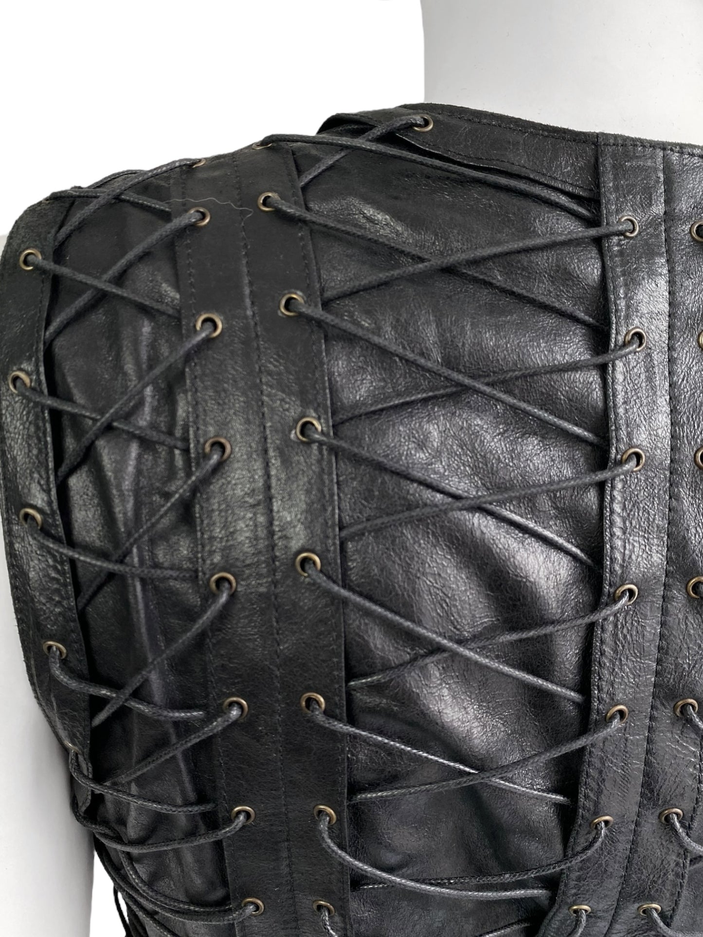 PLEIN SUD FW2002 BLACK LEATHER LACE-UP CAGE SLEEVELESS JACKET