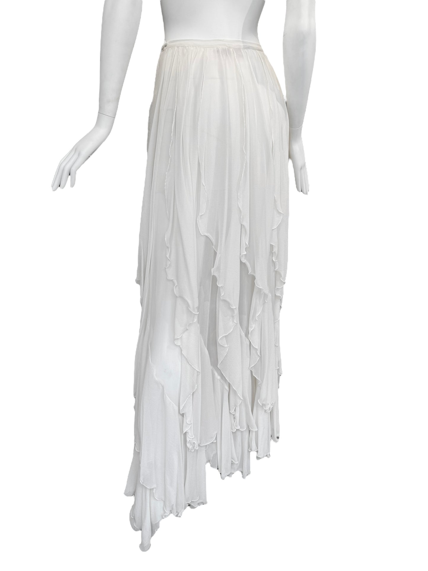 FAYÇAL AMOR 2010s WHITE SILK CASCADING RUFFLES MAXI SKIRT
