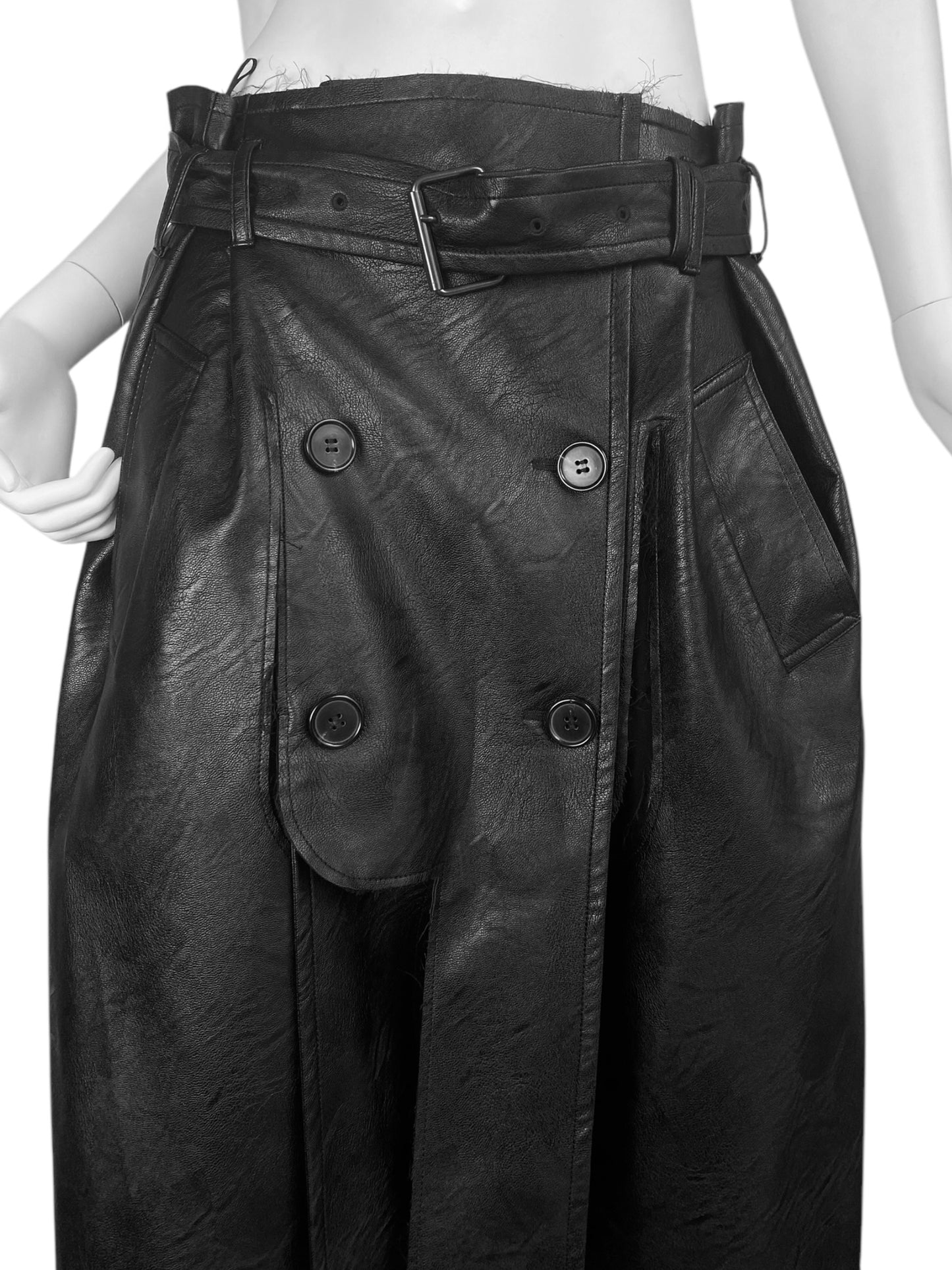 MAISON MARGIELA FW2019 BY GALLIANO BLACK FAUX-LEATHER DESTRUCTURED TRENCH SKIRT