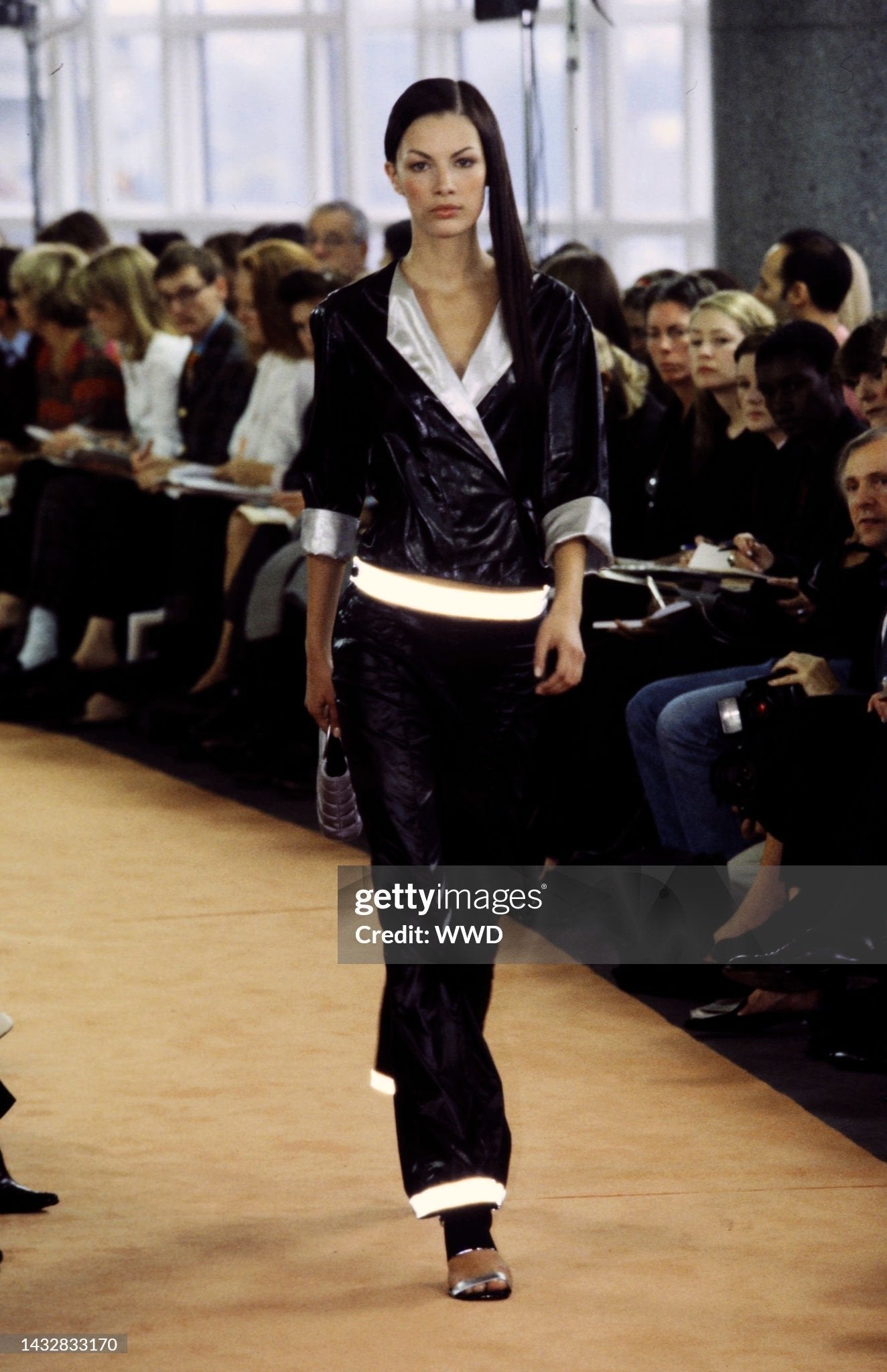CHANEL SS1999 BY KARL LAGERFELD BLACK NYLON REFLECTIVE HEM WIDE PANTS
