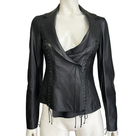 PLEIN SUD FW2002 BLACK LEATHER LACE-UP JACKET