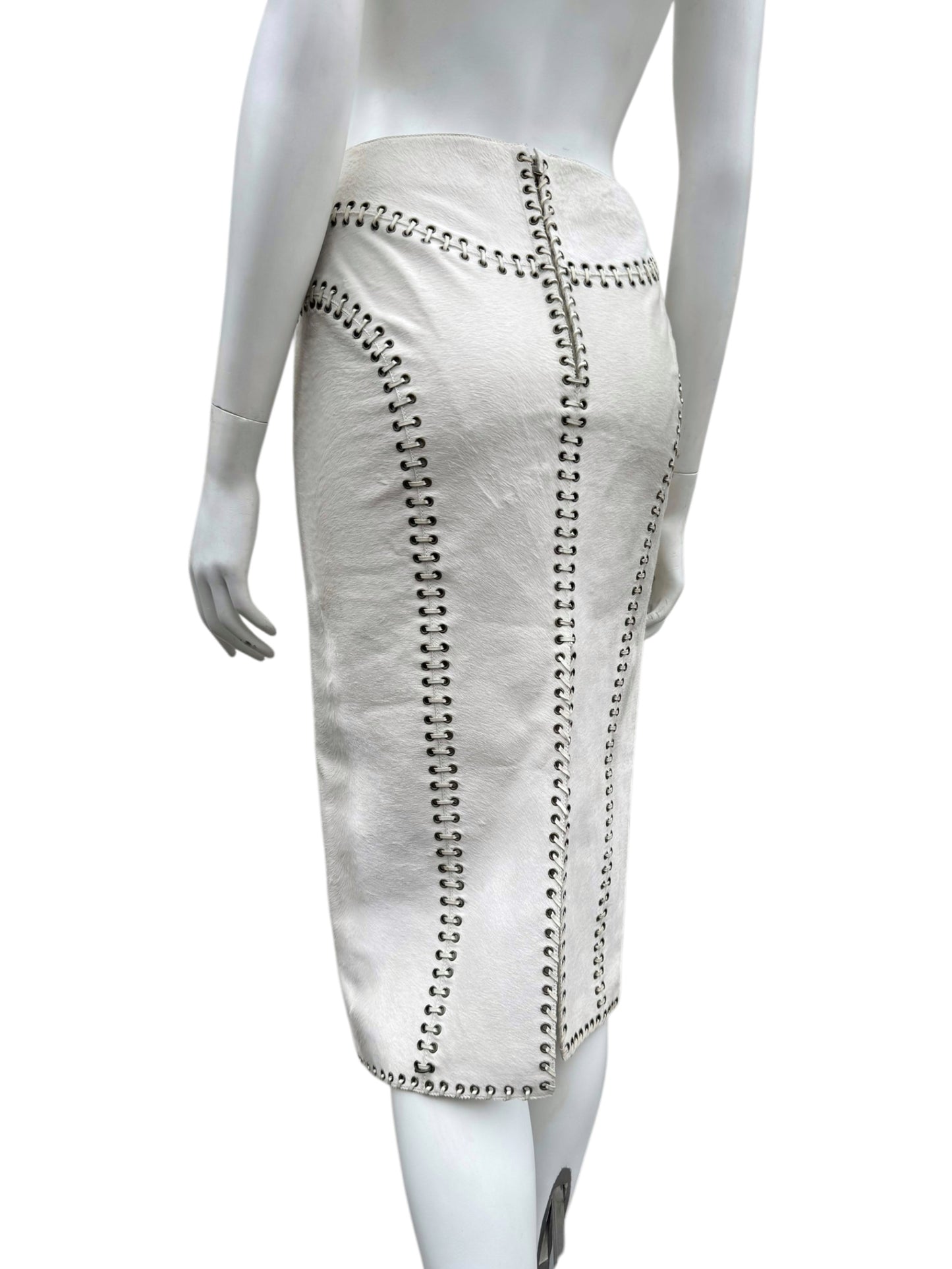 ALEXANDER MCQUEEN PRE-FALL 2010 WHITE PONY HAIR LACE-UP MIDI SKIRT