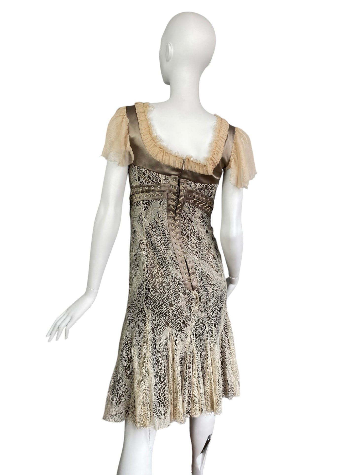 ALEXANDER MCQUEEN FW2002 «SUPERCALIFRAGILISTIC» BEIGE LACE & SILK BONDAGE CORSET MIDI DRESS