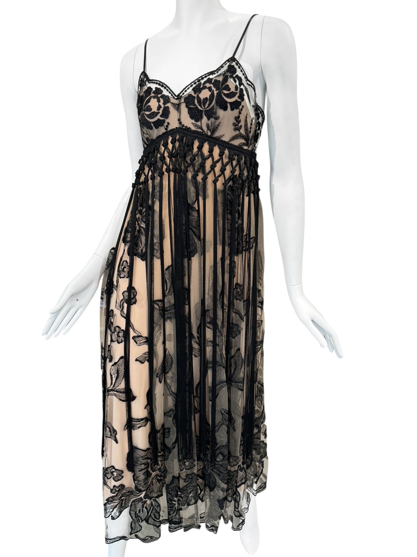 FAYÇAL AMOR 2019 BEIGE & BLACK FLORAL FRINGES MAXI DRESS