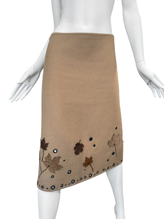 PRADA FW1999 BEIGE WOOL LEAF APPLIQUÉ MIDI SKIRT