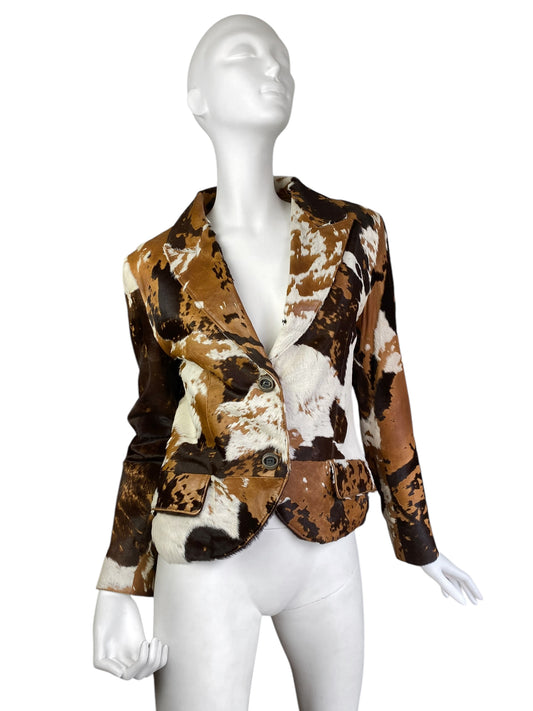 DESI 2000s BROWN & WHITE COWHIDE LEATHER BLAZER