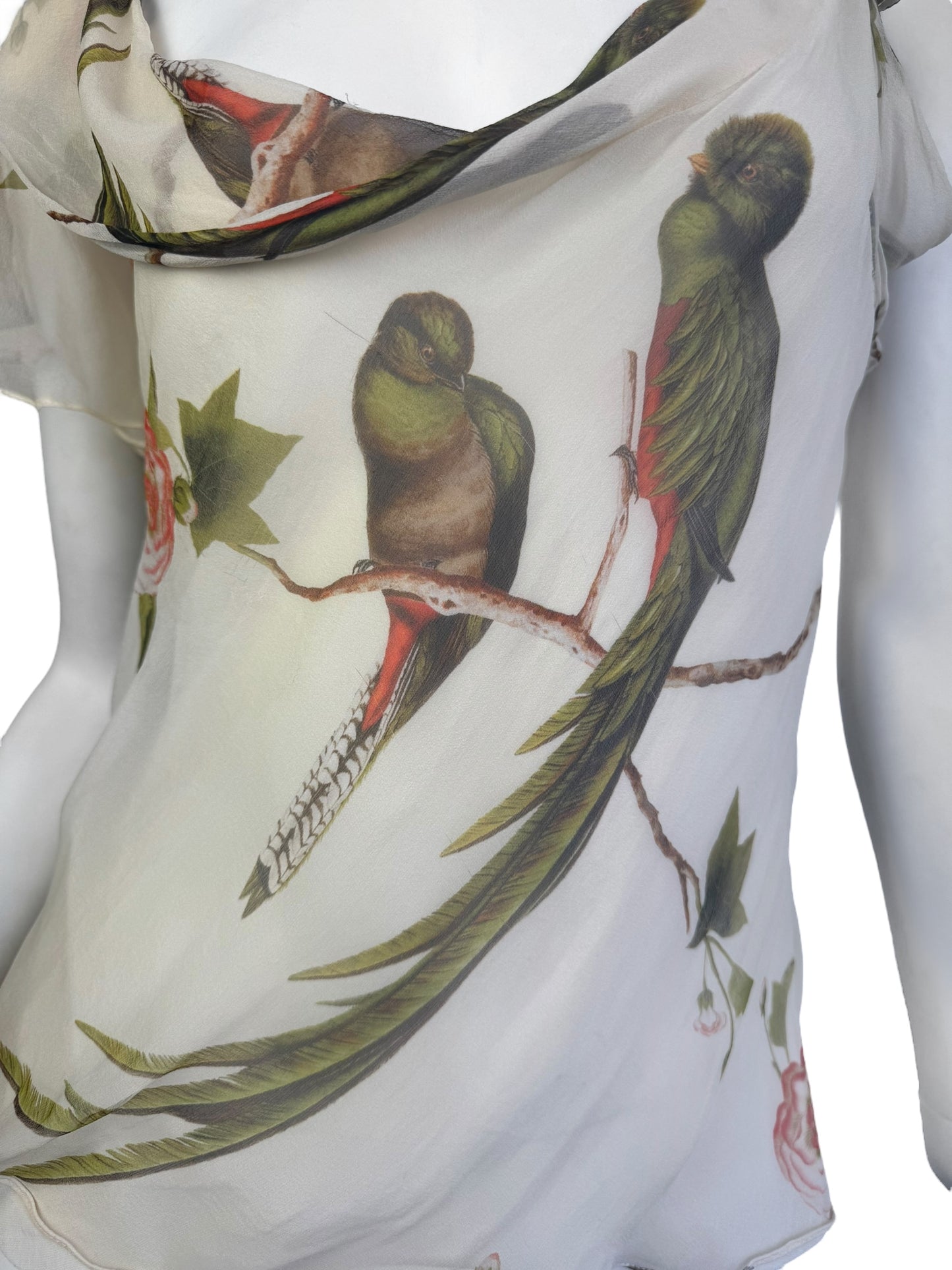 ALEXANDER MCQUEEN SS2007 «SARABANDE» BEIGE SILK BIRDS PRINT ASYMMETRICAL TANK TOP