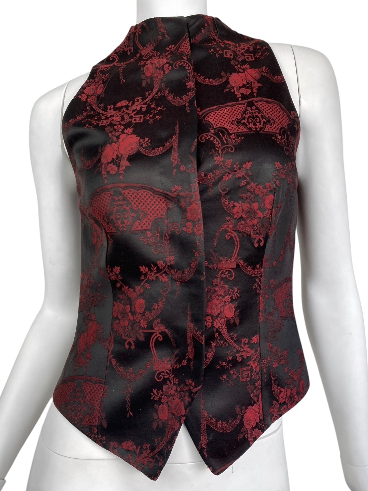 ALEXANDER MCQUEEN FW1998 «JOAN» BLACK & RED JACQUARD FLORAL WAISTCOAT