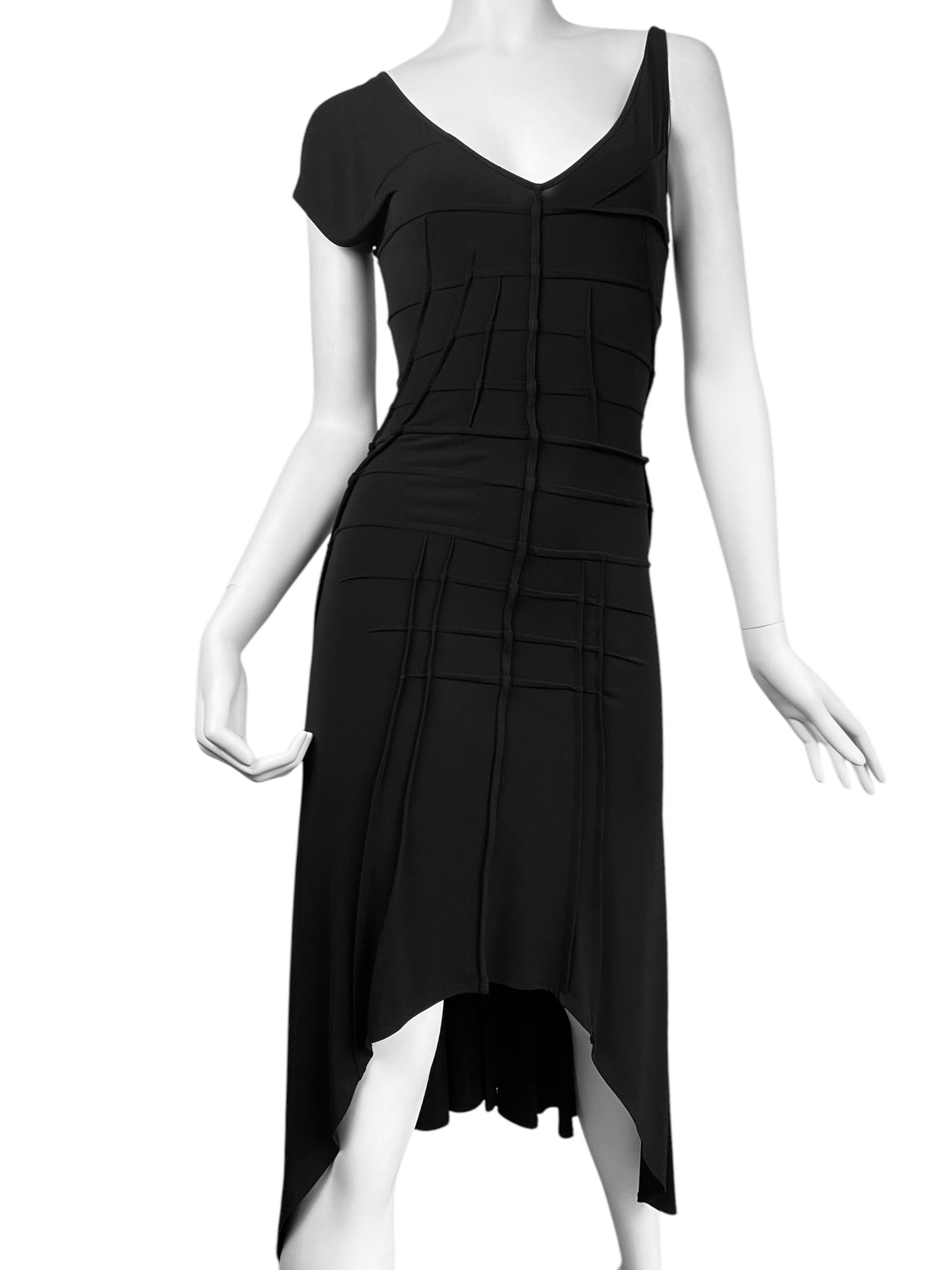 FAYÇAL AMOR SS2004 BLACK ASYMMETRICAL NECKLINE DARTED DRESS