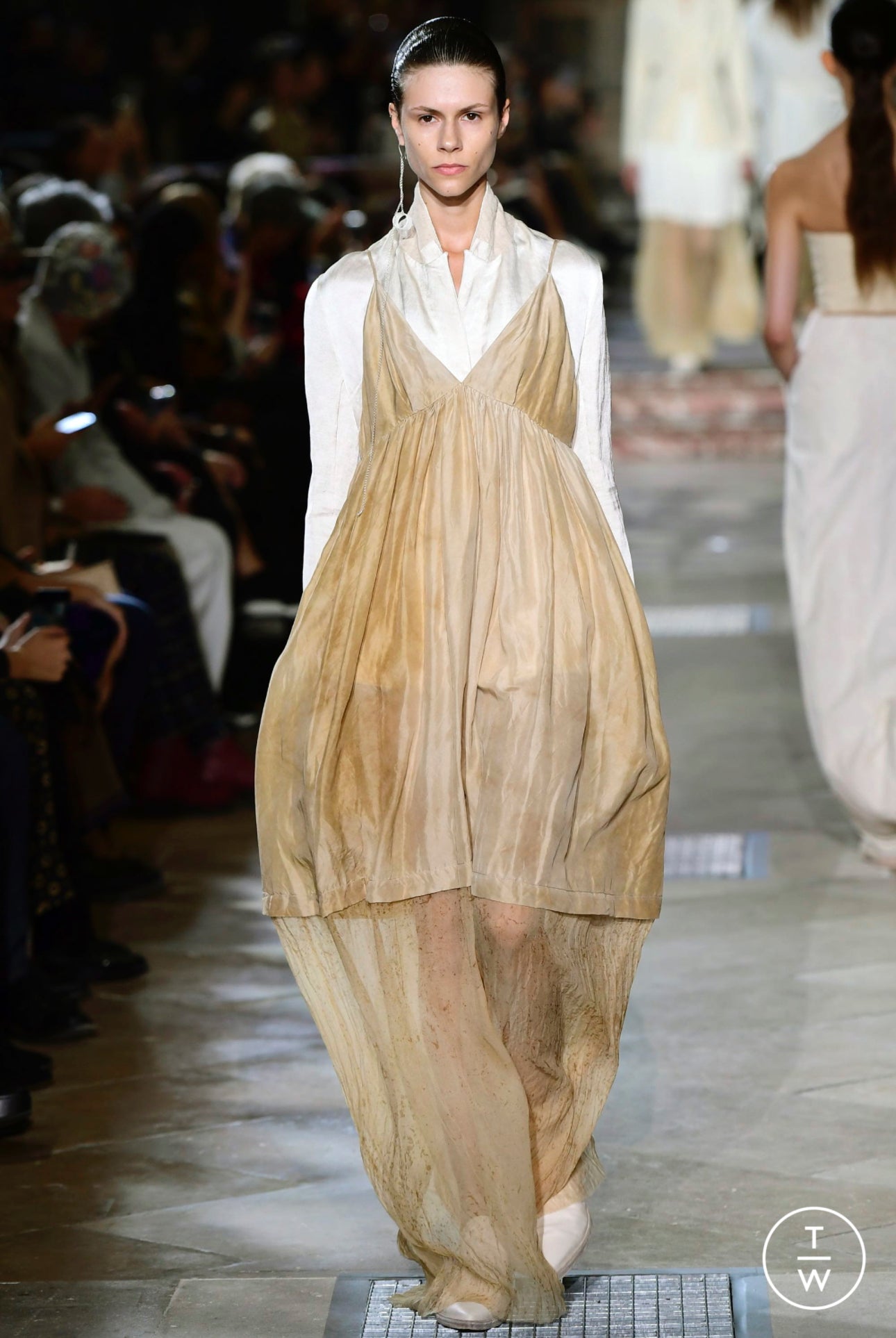 UMA WANG SS2019 YELLOW LINEN & SILK STAINED A-LINE MAXI DRESS