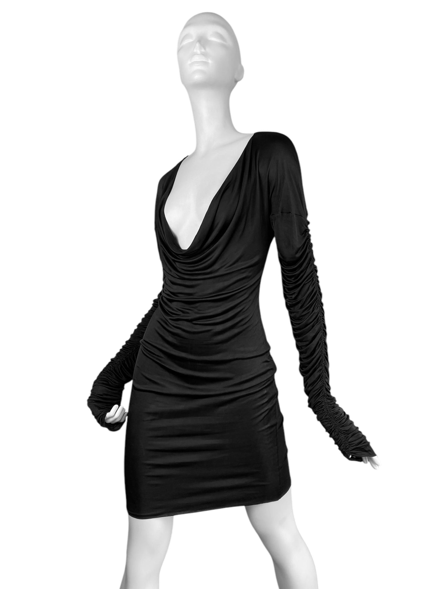 ALEXANDER MCQUEEN SS1996 «THE HUNGER» BLACK RUCHED SLEEVES DRAPED DRESS