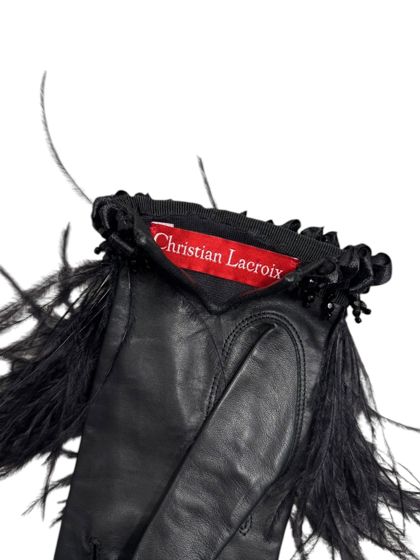 CHRISTIAN LACROIX 2000s BLACK LEATHER & OSTRICH FEATHERS EMBELLISHED CLUTCH & GLOVES