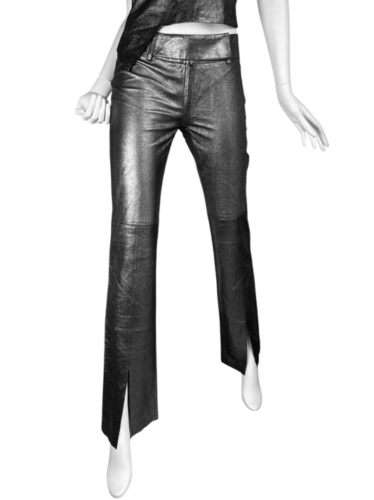 PLEIN SUD 1990s METALLIC GREY LEATHER PANTS