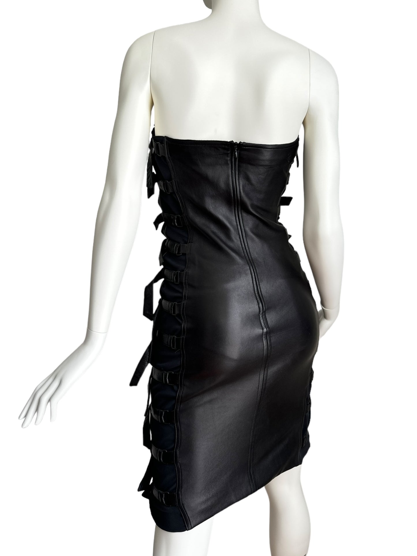 PLEIN SUD FW2001 BLACK LEATHER BONDAGE BUSTIER MINI DRESS