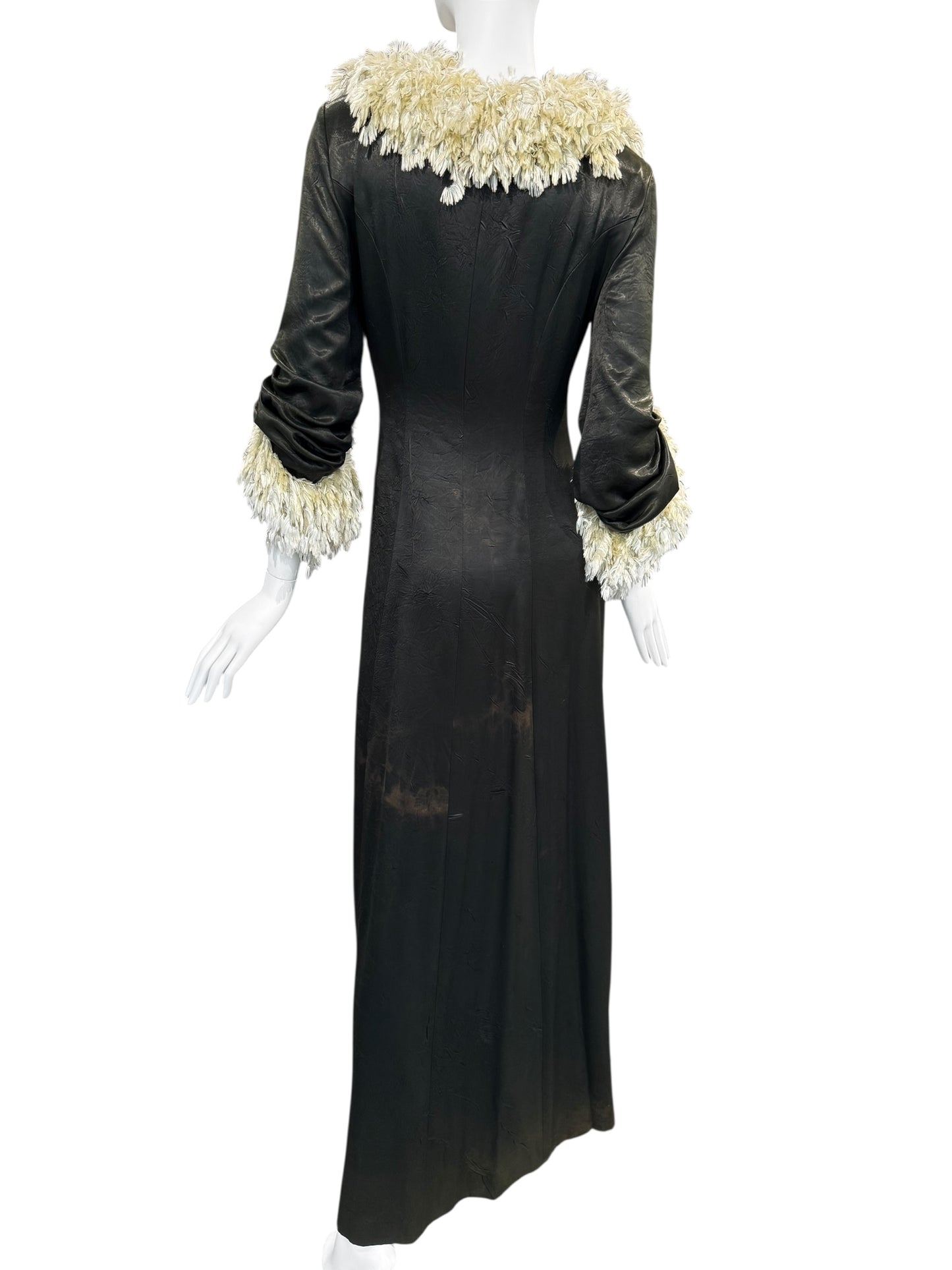 FAYÇAL AMOR FW1994 DARK GREEN FEATHERS COLLAR MAXI DRESS/COAT