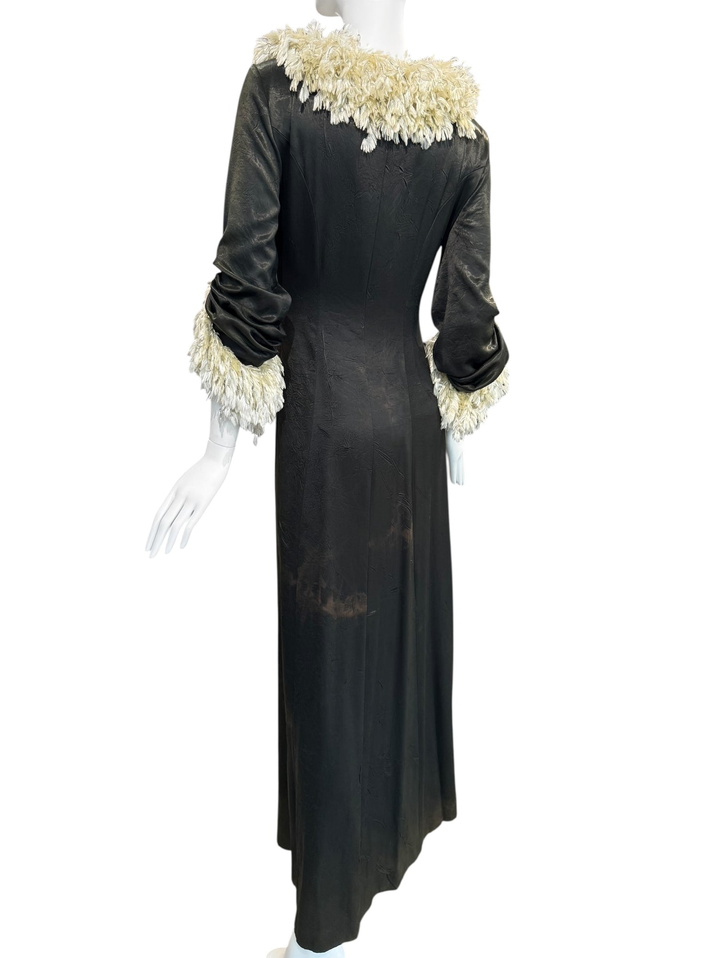 FAYÇAL AMOR FW1994 DARK GREEN FEATHERS COLLAR MAXI DRESS/COAT