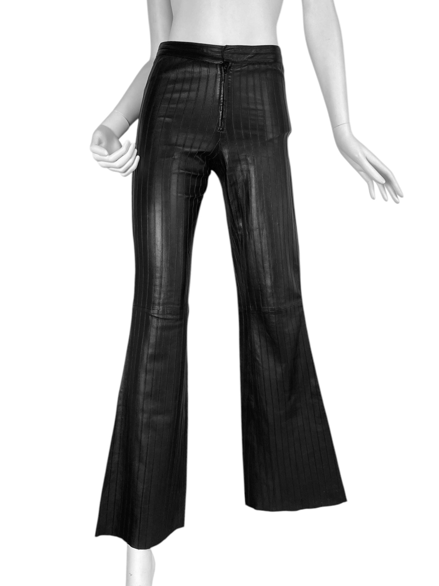 GUCCI FW1999 BY TOM FORD BLACK LEATHER STRIPES FLARED PANTS
