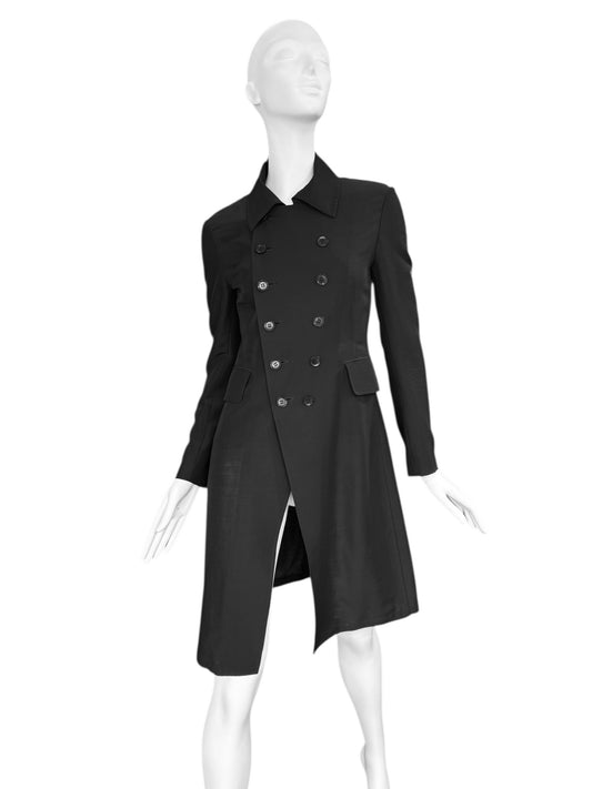 Y’S YOHJI YAMAMOTO SS2010 BLACK WOOL & SILK DOUBLE BREASTED LIGHTWEIGHT COAT