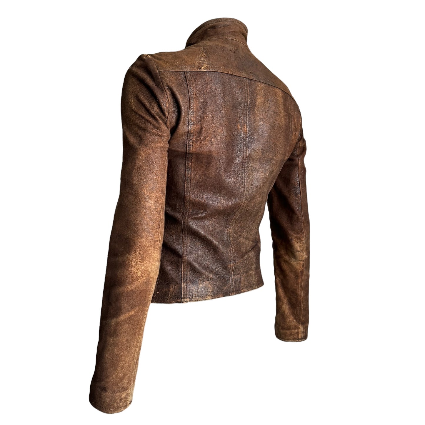 PLEIN SUD JEANS 2000s BROWN DISTRESSED LEATHER HOOKED JACKET