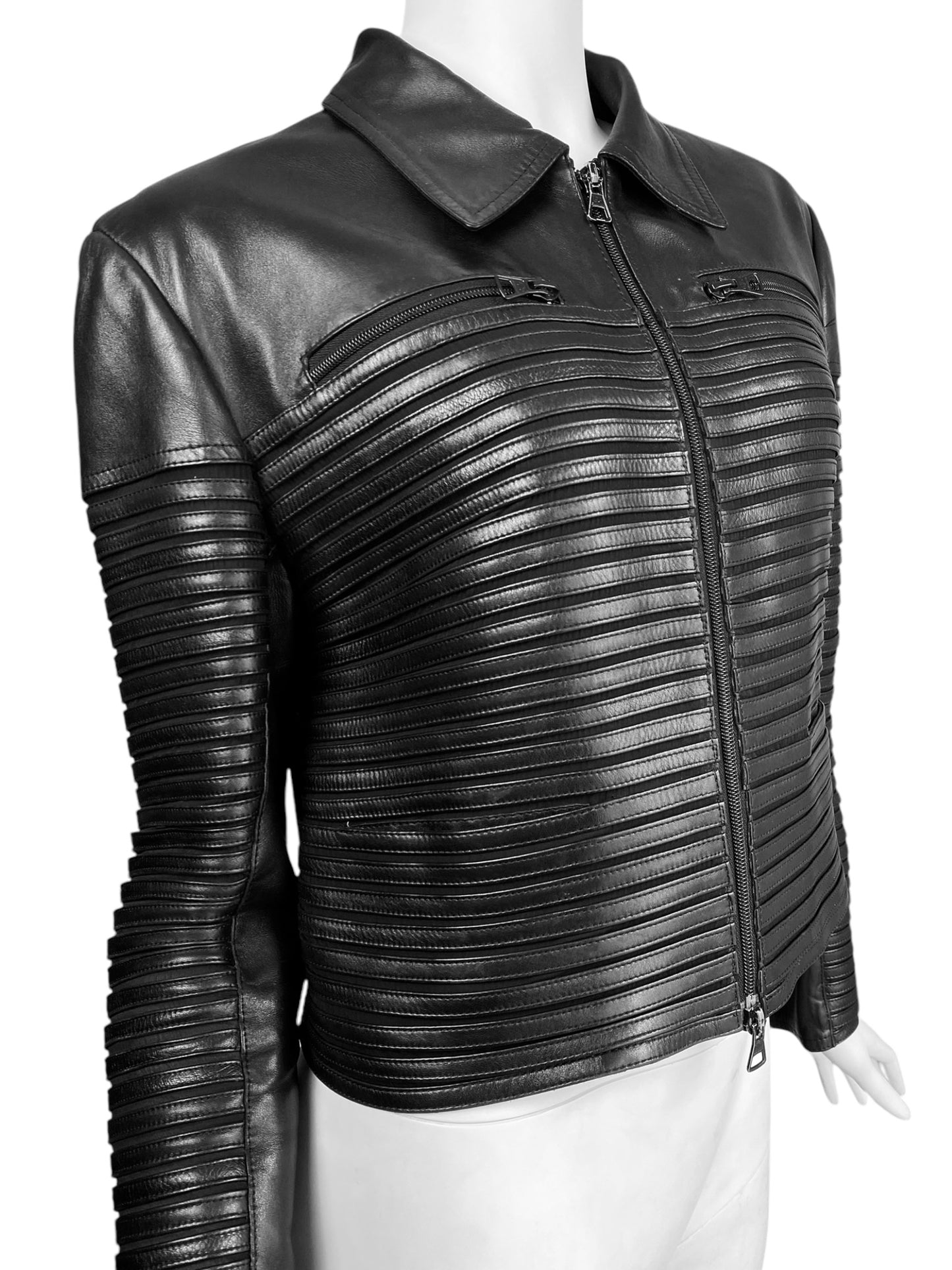 JITROIS 1999 BLACK LEATHER & SILK HORIZONTAL STRAPS ZIP JACKET