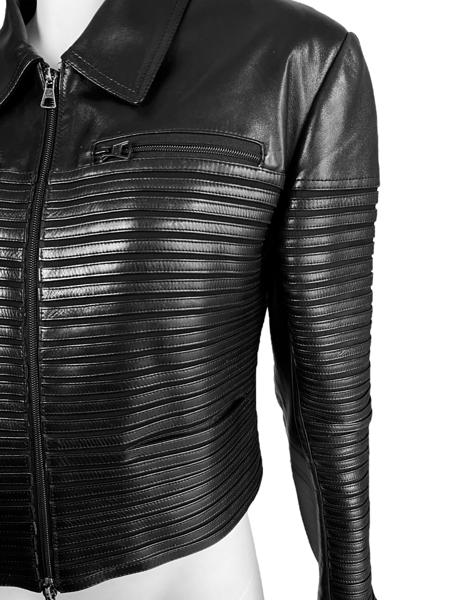 JITROIS 1999 BLACK LEATHER & SILK HORIZONTAL STRAPS ZIP JACKET