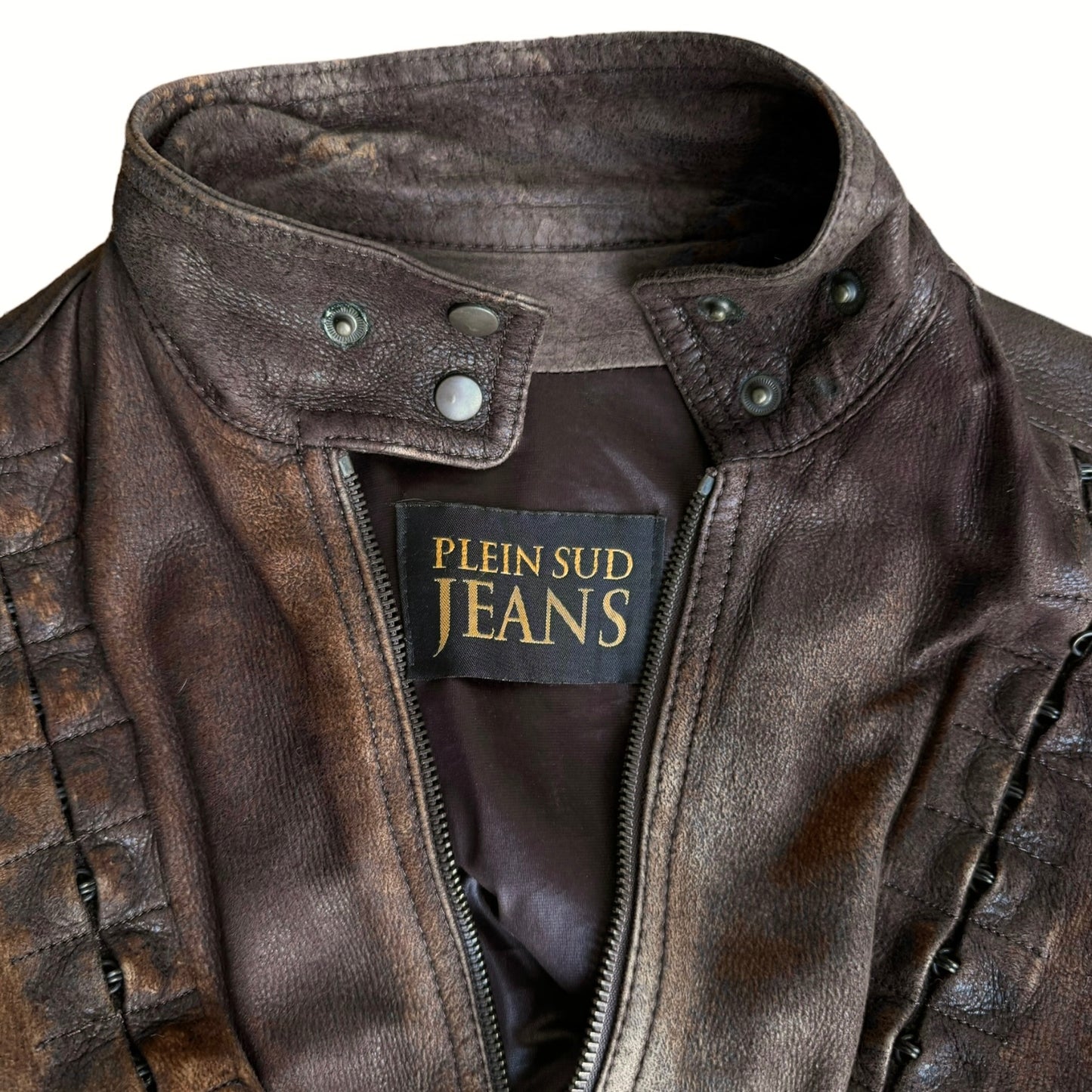 PLEIN SUD JEANS 2000s BROWN DISTRESSED LEATHER HOOKED JACKET