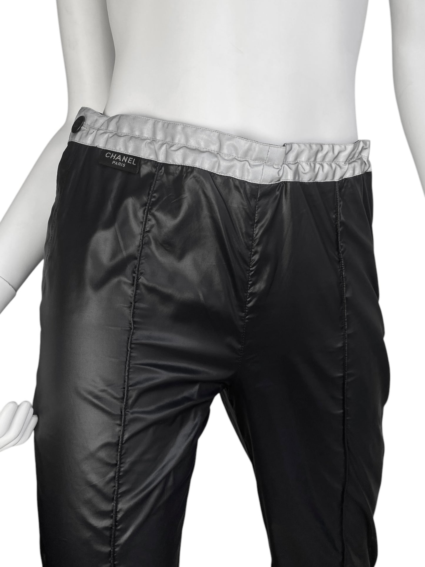 CHANEL SS1999 BY KARL LAGERFELD BLACK NYLON REFLECTIVE HEM WIDE PANTS