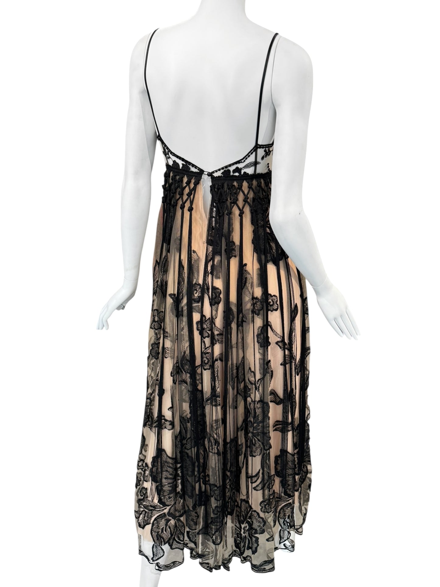 FAYÇAL AMOR 2019 BEIGE & BLACK FLORAL FRINGES MAXI DRESS