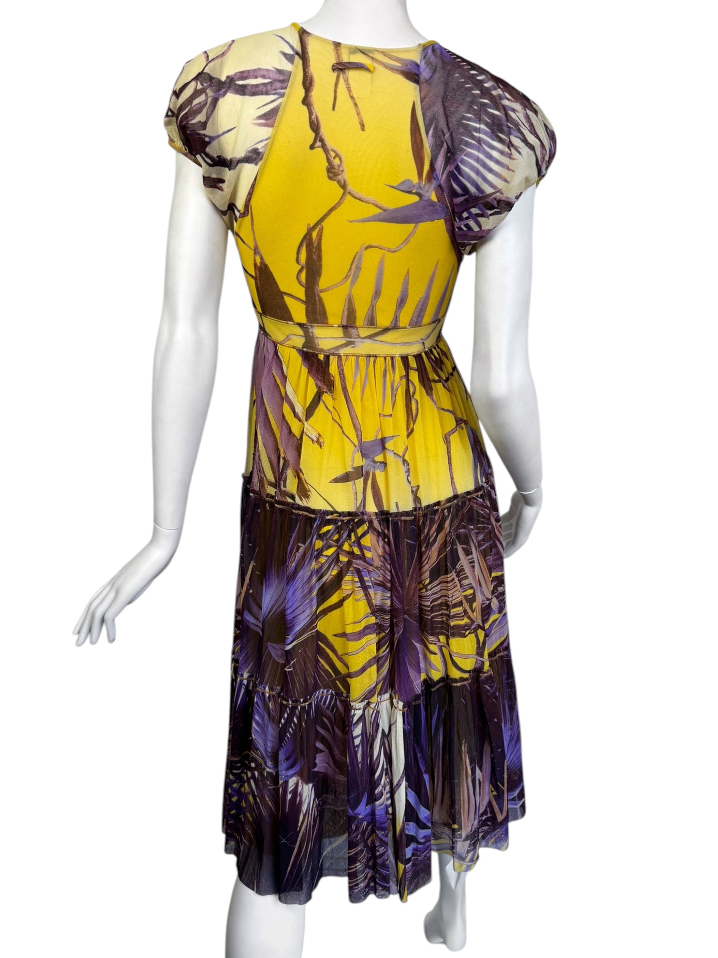 JEAN PAUL GAULTIER 2000s YELLOW & PURPLE MESH TROPICAL PRINT MIDI DRESS