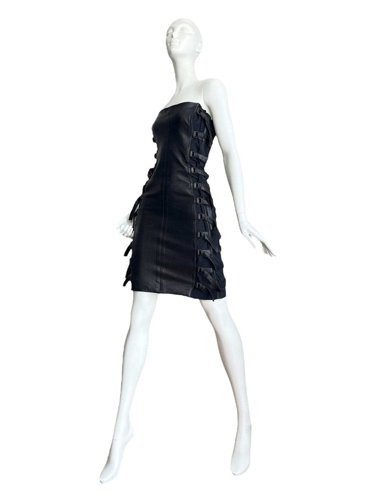 PLEIN SUD FW2001 BLACK LEATHER BONDAGE BUSTIER MINI DRESS
