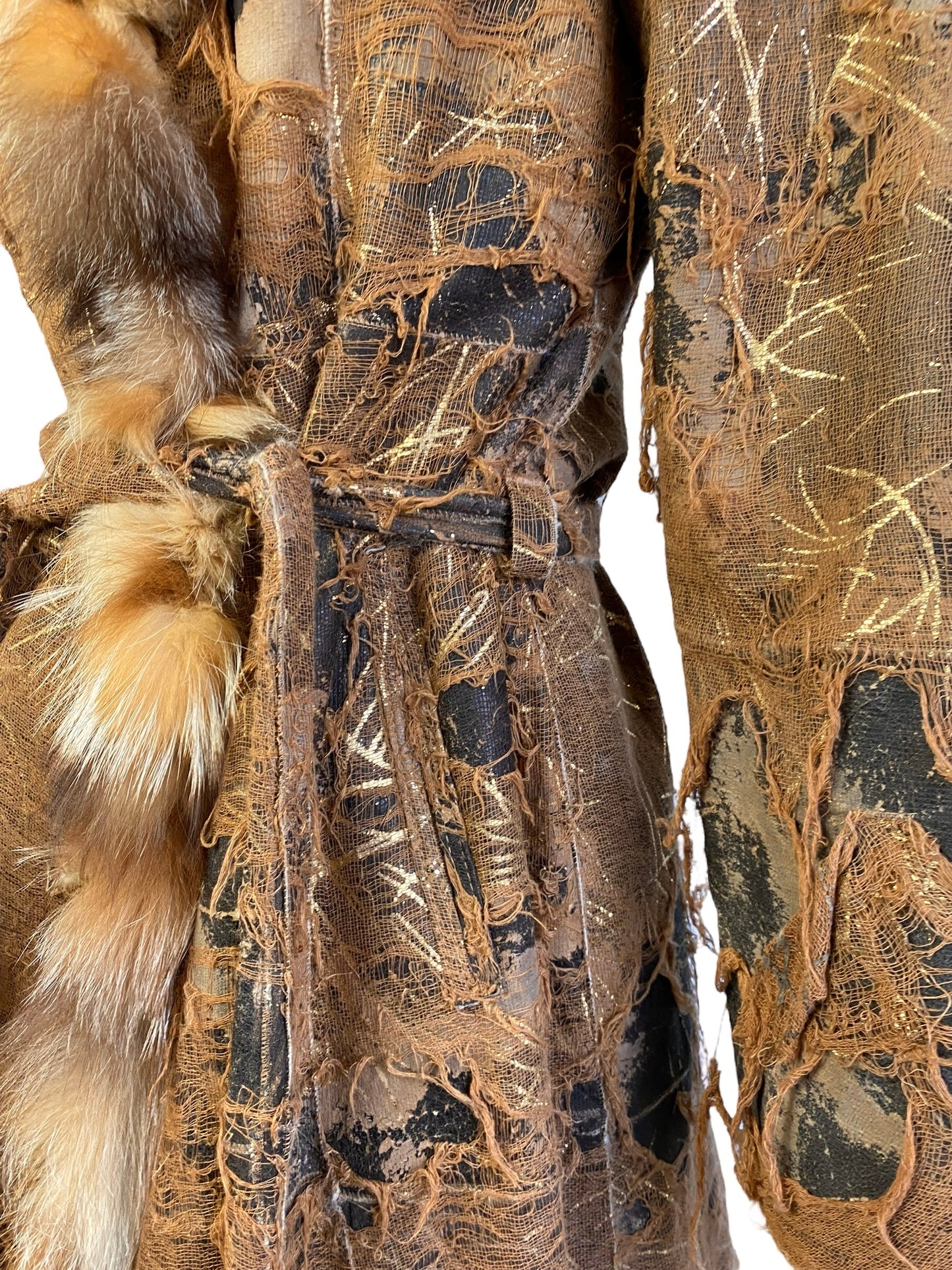 AMORETTI 2000s BROWN FOX FUR & GOLD LEAVES DISTRESSED COAT