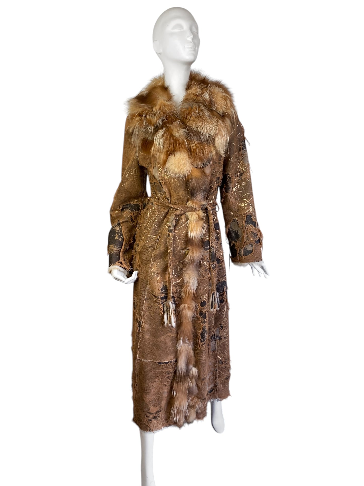 AMORETTI 2000s BROWN FOX FUR & GOLD LEAVES DISTRESSED COAT