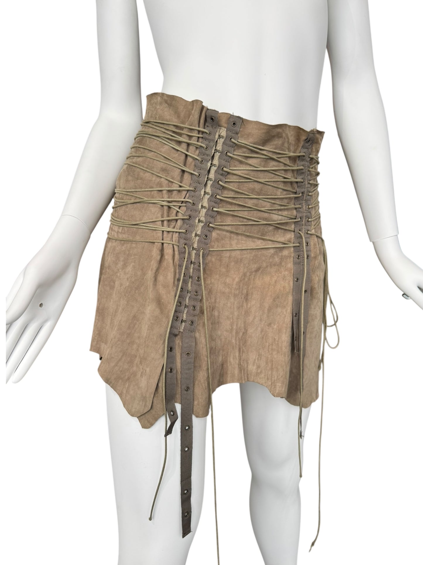 PLEIN SUD SS2003 KHAKI SUEDE LEATHER LACE-UP MINI SKIRT