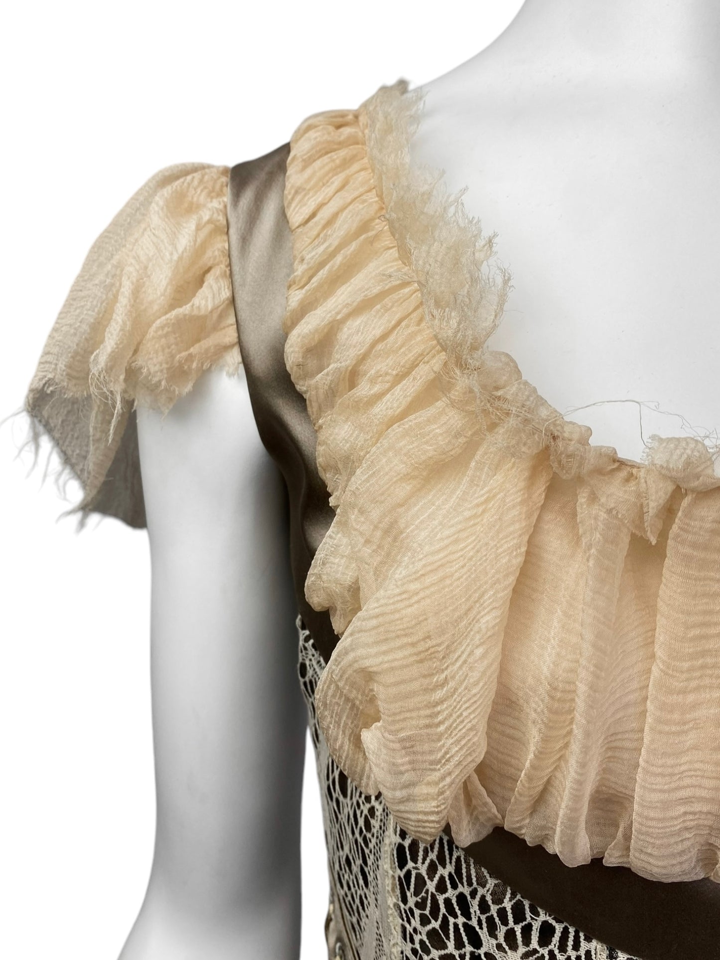 ALEXANDER MCQUEEN FW2002 «SUPERCALIFRAGILISTIC» BEIGE LACE & SILK BONDAGE CORSET MIDI DRESS