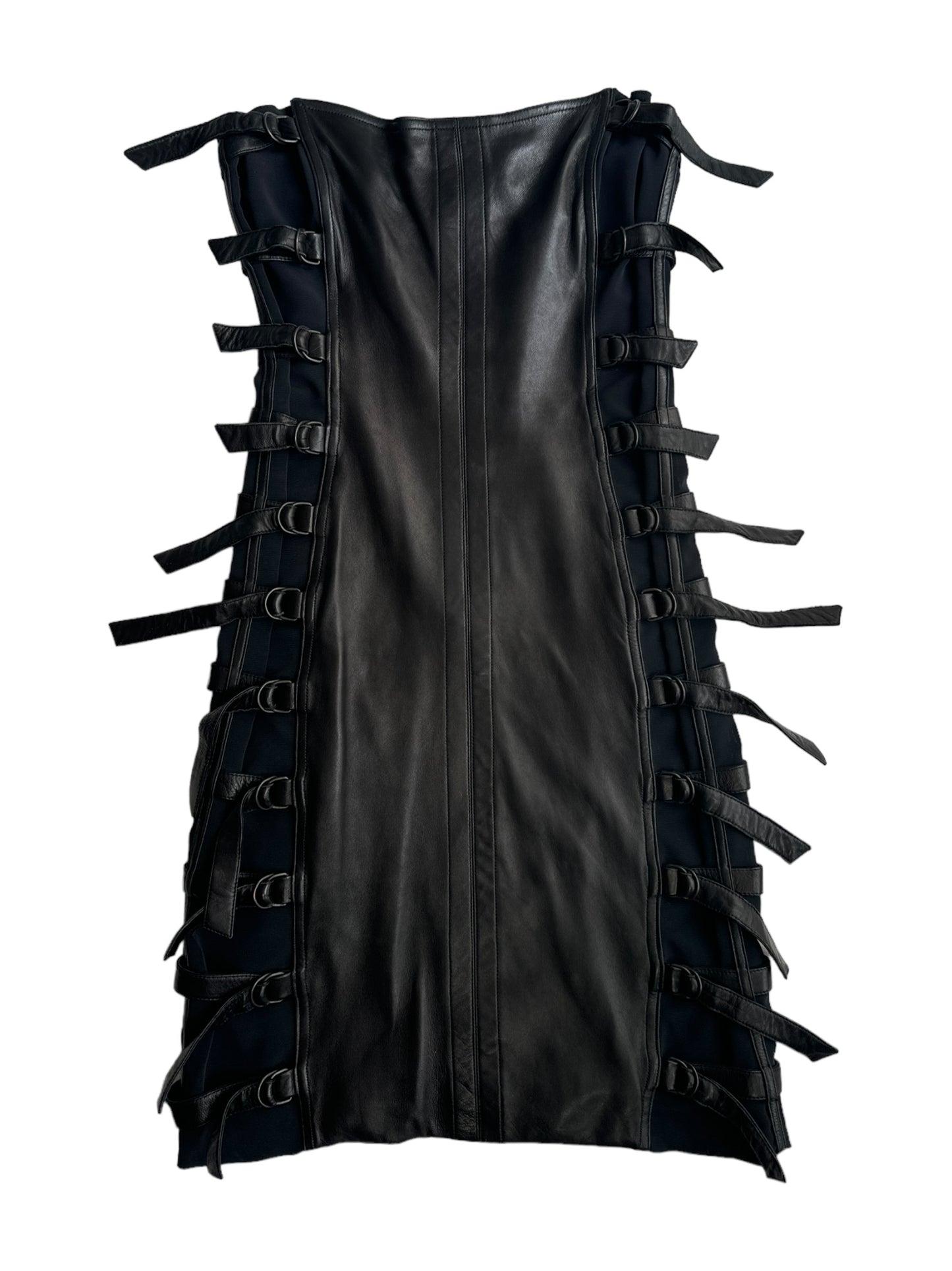 PLEIN SUD FW2001 BLACK LEATHER BONDAGE BUSTIER MINI DRESS