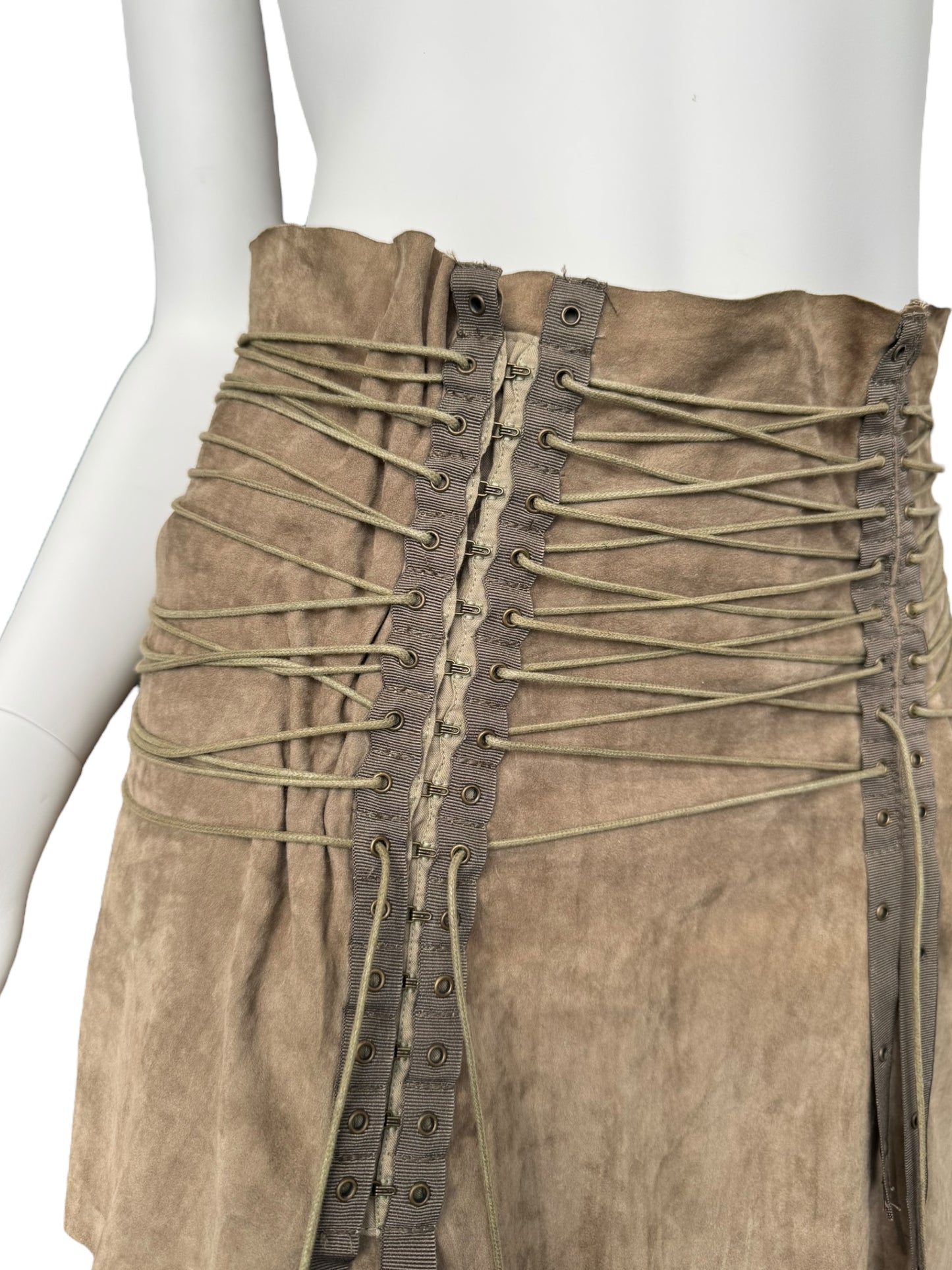 PLEIN SUD SS2003 KHAKI SUEDE LEATHER LACE-UP MINI SKIRT