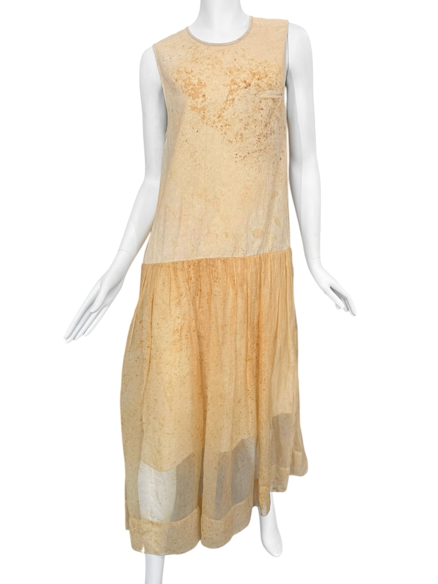 UMA WANG SS2019 YELLOW LINEN & SILK STAINED A-LINE MAXI DRESS