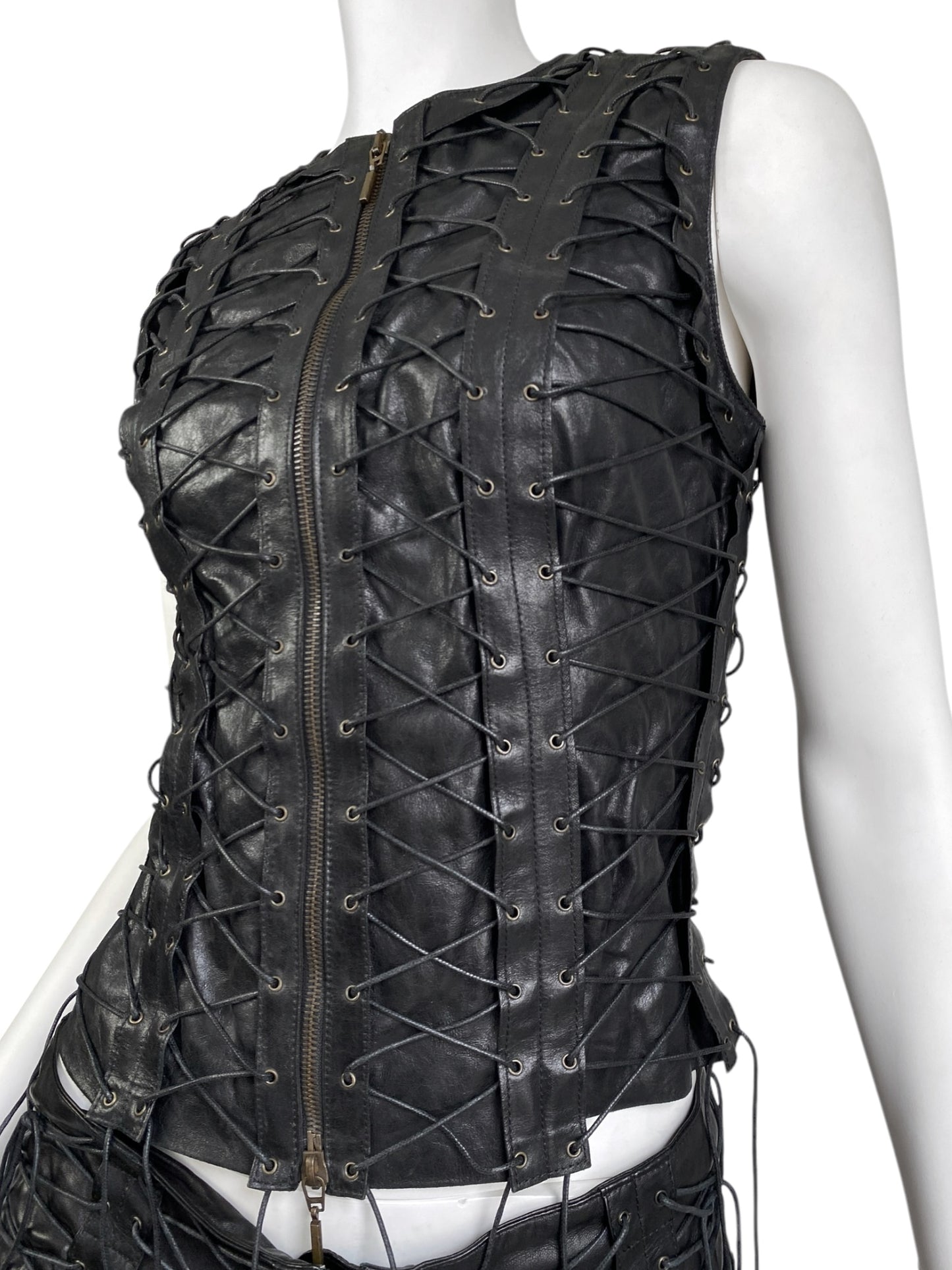 PLEIN SUD FW2002 BLACK LEATHER LACE-UP CAGE SLEEVELESS JACKET