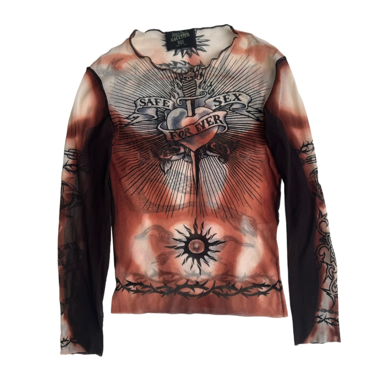 JEAN-PAUL GAULTIER SS1996 BROWN « SAFE SEX FOREVER » MESH TOP
