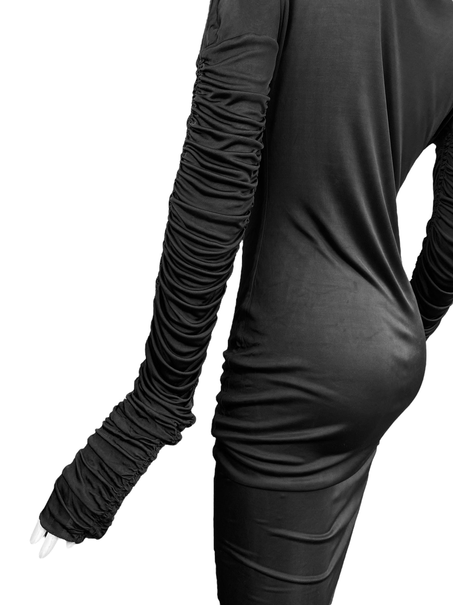 ALEXANDER MCQUEEN SS1996 «THE HUNGER» BLACK RUCHED SLEEVES DRAPED DRESS