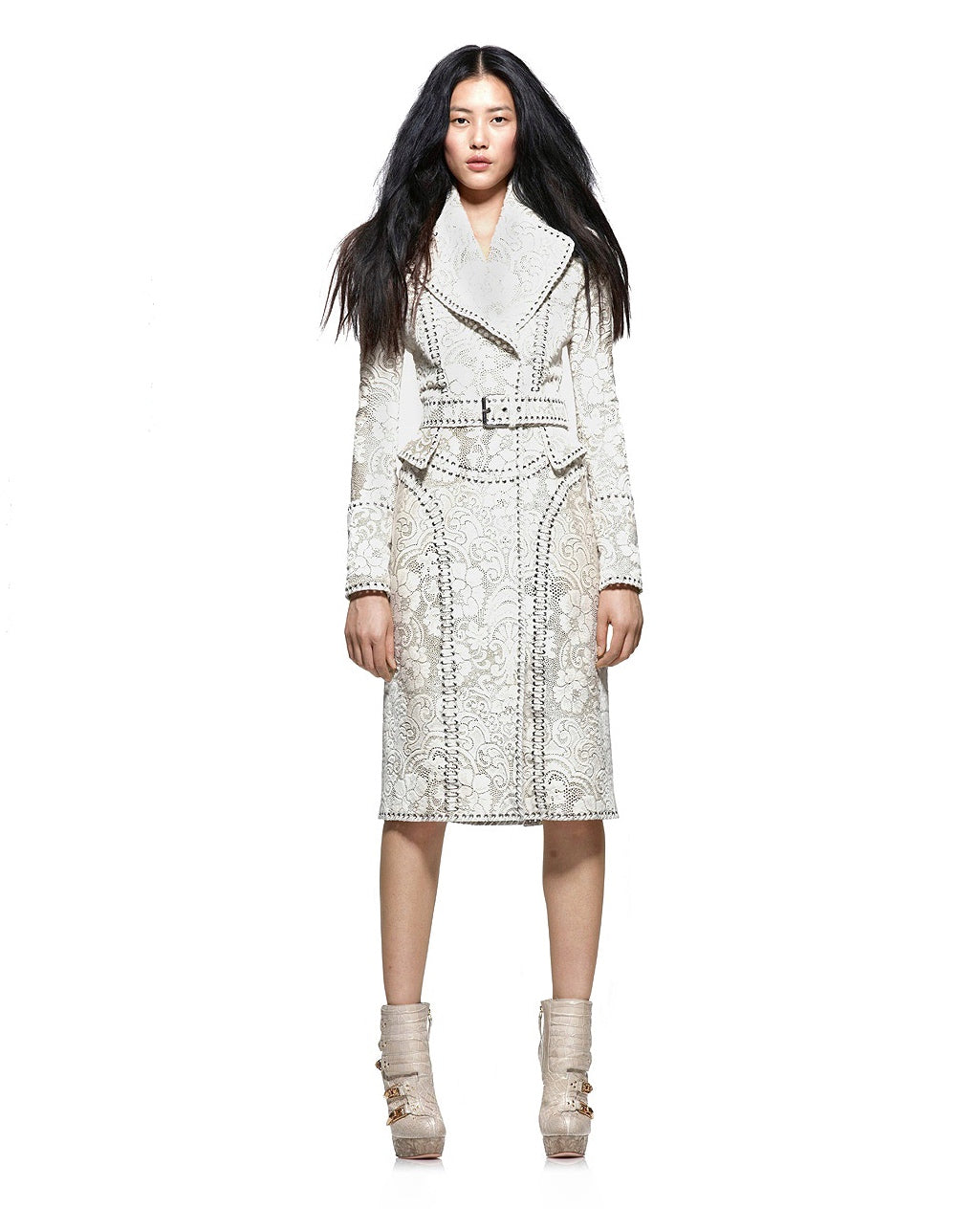 ALEXANDER MCQUEEN PRE-FALL 2010 WHITE PONY HAIR LACE-UP MIDI SKIRT