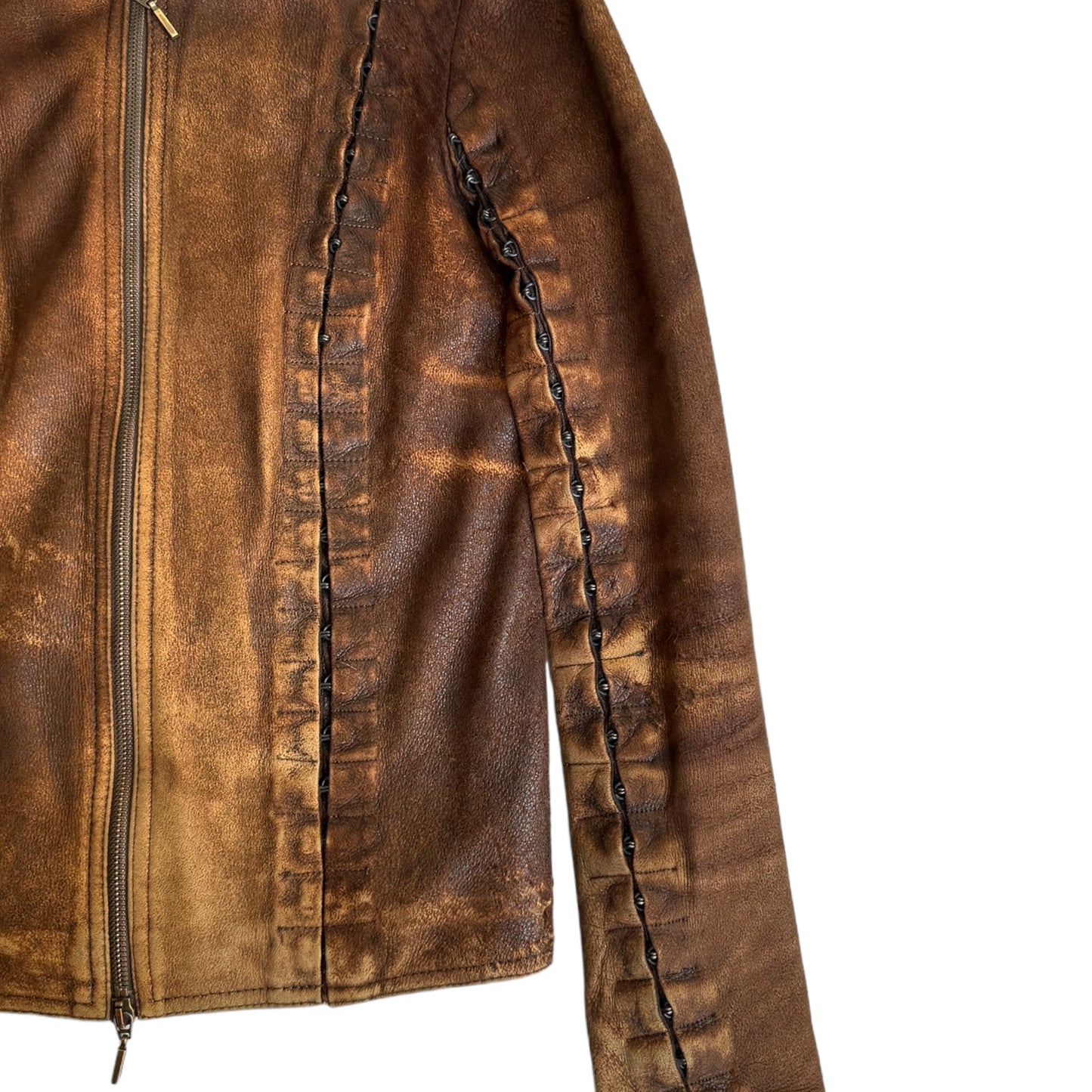 PLEIN SUD JEANS 2000s BROWN DISTRESSED LEATHER HOOKED JACKET