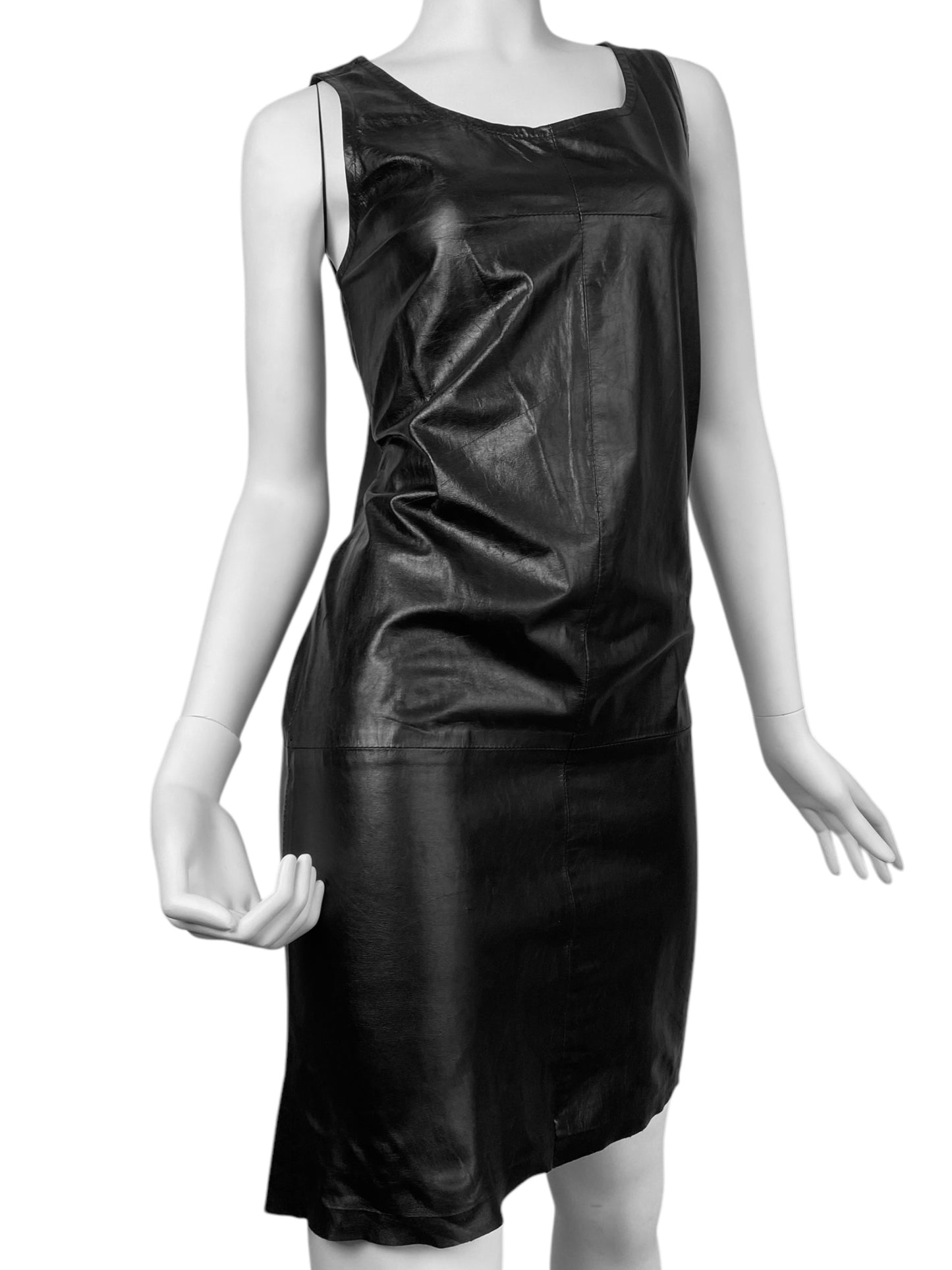 ANN DEMEULEMEESTER SS2002 BLACK LEATHER STRAIGHT CUT DRESS